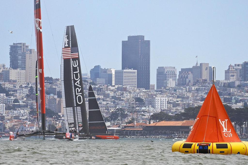 Oracle Team USA v Emirates Team New Zealand. America’s Cup Day 2, San Francisco. Top end of Leg 3, Race 3. Emirates Team NZ leads Oracle Team USA © Richard Gladwell www.photosport.co.nz